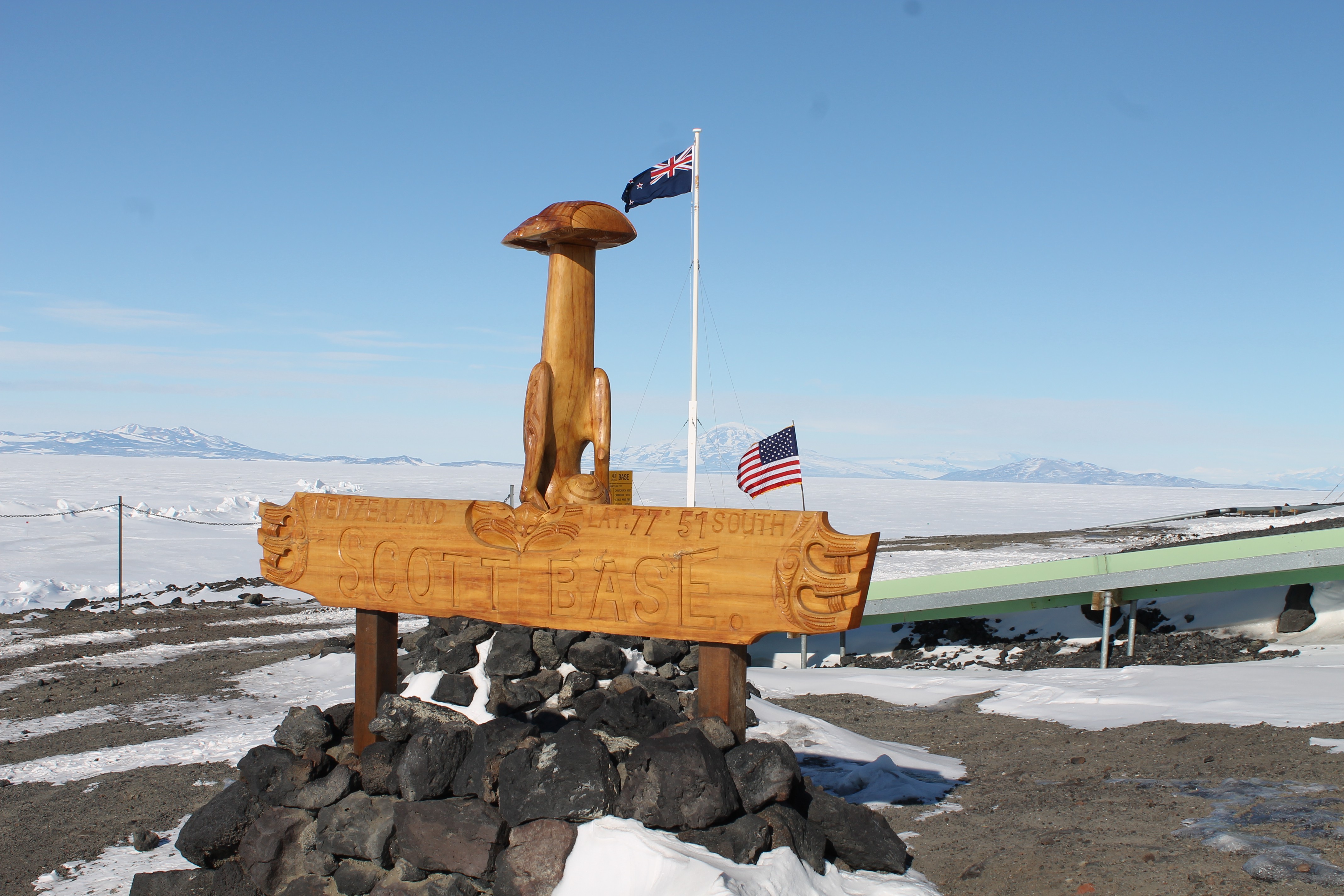 Remembrance day with the Americans. NZ and American flag behind Scott base sign