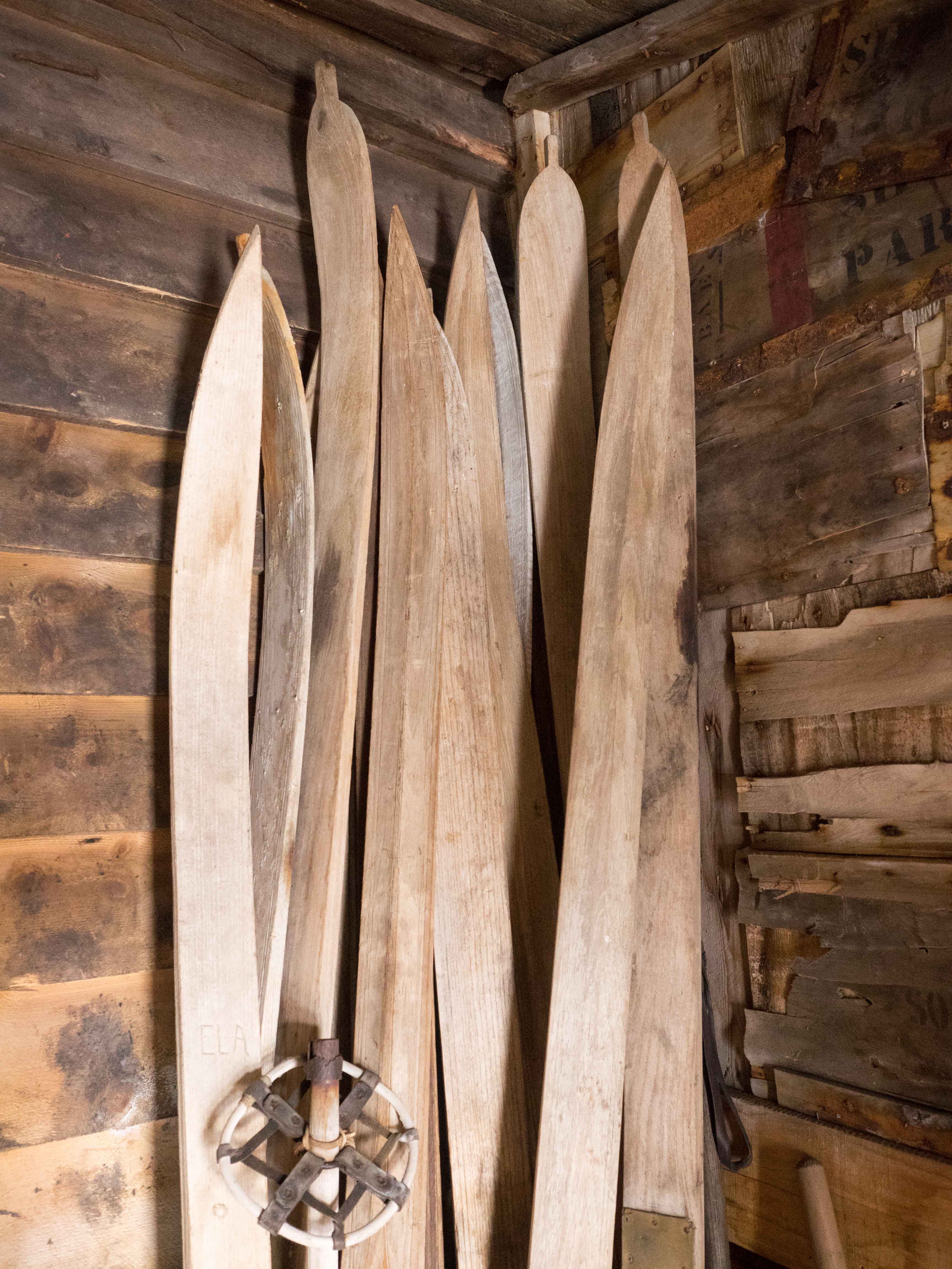 Old wooden skis inside Scott's hut