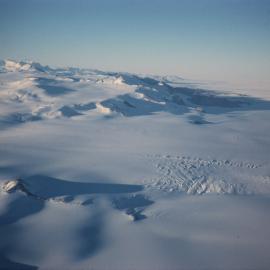 Aerial recce- mouth of Strom Glacier. Duncan Mountains centre