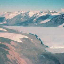 Looking down Pearse Valley to Lake Joyce, Taylor Glacier and Kukri Hills. Catspaw Glacier on left