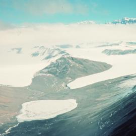 Adams Glacier (left), Miers Glacier and Lake Miers, Koettlitz Dry Valleys. Mt Lister behind right
