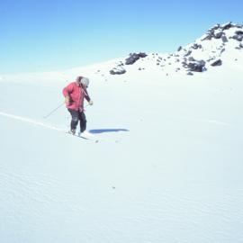 Russian scientist Vladamir Samsanov skiing at Fang Glacier
