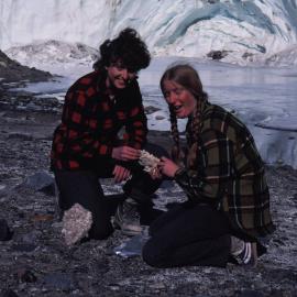 Fiona Judd (left) and Jan Clayton-Green, Waikato University, with gypsum crystals from Miers Valley