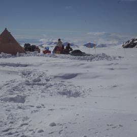 View of camp below southern face of Mount Lister