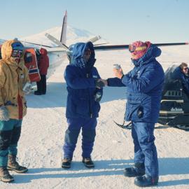 L Appleford, Colin Harris and David Geddes celebrate their arrival at McMurdo Sound