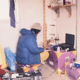 Stephen de Mora titrating inside hut at Bratina Island