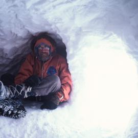 John McDonald in snow mound by K-18 fish hut 