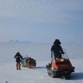Arriving at Swartz Nunataks on toboggans with Mulock Glacier in the background