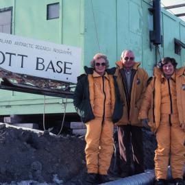 Norman Hardie, Lady Thea Muldoon, Bill Hopper, Joan Farrance and Roger Green outside Scott Base