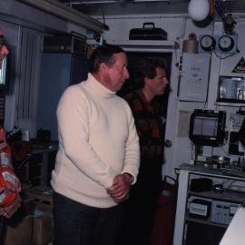 Patrick Miller, Governor General of New Zealand, Sir David Beattie, Captain Sean Trengrove and Andre von Beil in the Scott Base Lab