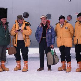 Keith Clegg, Lord Shackleton, Robert Baden Thomas, Frank O'Flynn and Lord Elworthy on arrival at McMurdo