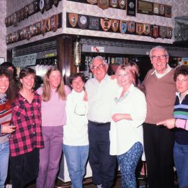 Lord Shackleton and Lord Elworthy in the bar at Scott Base with the Belles at the bell