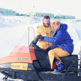 Christchurch Mayor, Vicki Buck, and Senior NZ representative David Geddes with a skidoo in front of Scott Base