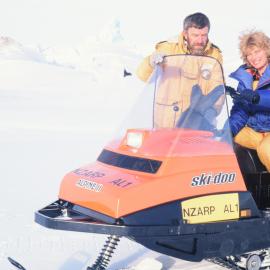 Christchurch Mayor, Vicki Buck, and Senior NZ representative David Geddes with a skidoo in front of Scott Base