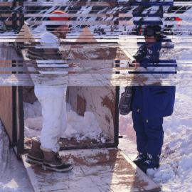 Her Royal Highness Princess Sirindhorn of Thailand with Graham Barrett and a seal cage on Razorback Island