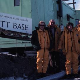 Norman Hardie, Lady Thea Muldoon, Bill Hopper, John Farrwick and Roger Green outside Scott Base