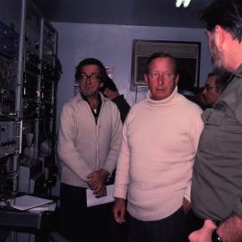 Governor-General Sir David Beattie (centre) with Scott Base OIC (left) and Norman Hardie (right)at McMurdo Weather Station