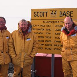 Professor Sir Robin Irvine, Dr Don McGregor and John Kay (FORST) at Scott Base