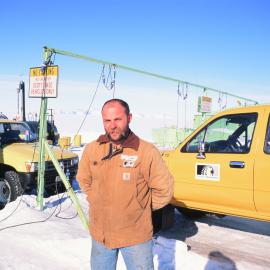 Fred Parsons, Scott Base Mechanic 98-99 Season, at the hitching rail