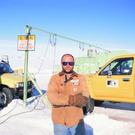 Fred Parsons, Scott Base Mechanic 98-99 Season, at the hitching rail