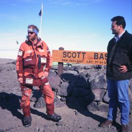 Borge Ousland at Scott Base sign