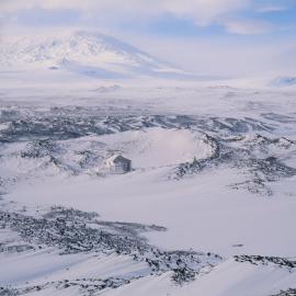 Erebus and Shackleton's Hut from Cape Royds