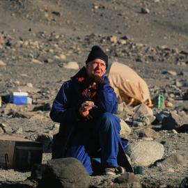Bill Manhire at camp in the Dry Valleys