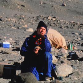 Bill Manhire at camp in the Dry Valleys
