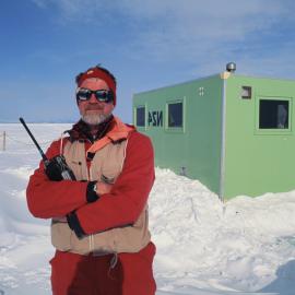 Staff visit (T Higham orientation): John McDonald, K012, outside Cape Armitage Fish Hut