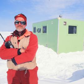 Staff visit (T Higham orientation): John McDonald, K012, outside Cape Armitage Fish Hut