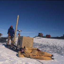 'Dr Andrill' - Gary Wilson in front of Magnetic Survey Nansen Sledge