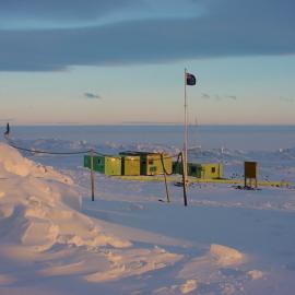 Scott Base flag pole looking toward the wet lab (aquarium)