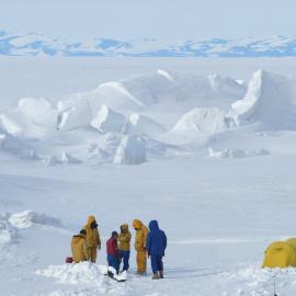 Group of people in front of pressure ridges and White Island