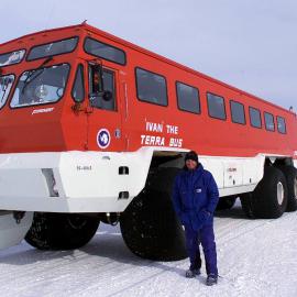 An American bus used for transporting people to and from the airfield