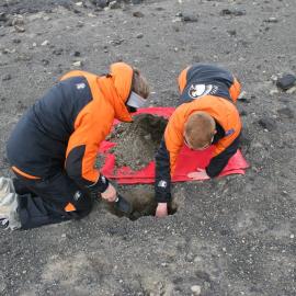 Natalie Miedema and Tanya O'Neil examining a soil profile near Scott Base