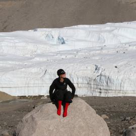 Natalie, Antarctic Youth Ambassador, showing off her lucky red socks at the Taylor Glacier