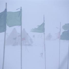 Flags in the snow, with tents in the background