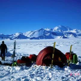 Camp on the lower flanks. Mt Wade (4084m) stands as the highest in the Queen Maud Range