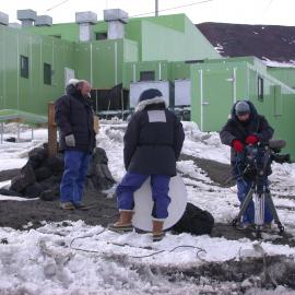 Mark Sainsbury (TVNZ) and TV crew preparing for a live broadcast to the Holmes' show