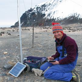 Erica Hofstee downloading datalogger at Cape Hallett