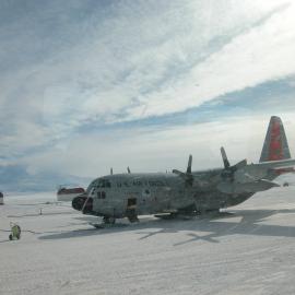 An American Air Force snow equipped LC-130 Hercules, on the Williams runway.