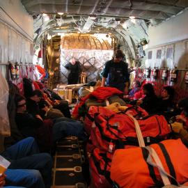 Inside the hull of a United States Air Force snow- equipped LC-130 Hercules
