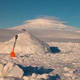 AFT on the Ross Ice Shelf, Windless Bight, snow shelter and Mt Erebus