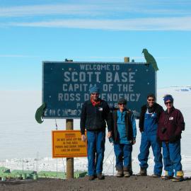 At the Ross Dependency sign: David Trubridge, Kathryn Madill, Kirsten Haydon, Bernadette Hall