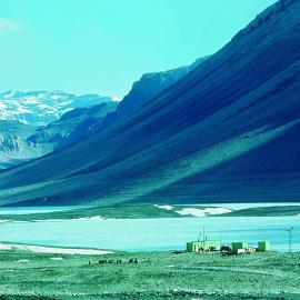 Vanda Station, looking west up Wright Valley to Mt Fleming, with Lake Vanda behind, November 1972