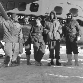 Otter crew: Peter Weston, John Lewis, Edmund Hillary (not British Otter crew), and Gordon Haslop on arrival at Scott Base