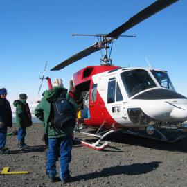 Preparing to fly to the Dry Valleys, Bernie Hall, Kate Madill, Kirsten Haydon and Brent the pilot