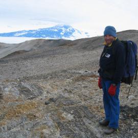 David Trubridge on the ridge on the south side of the Miers Valley with Mt Discovery