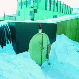 New Scott Base "Q" hut looms over old: main entrance