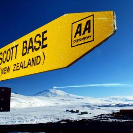 Scott Base road sign with Mt Erebus behind